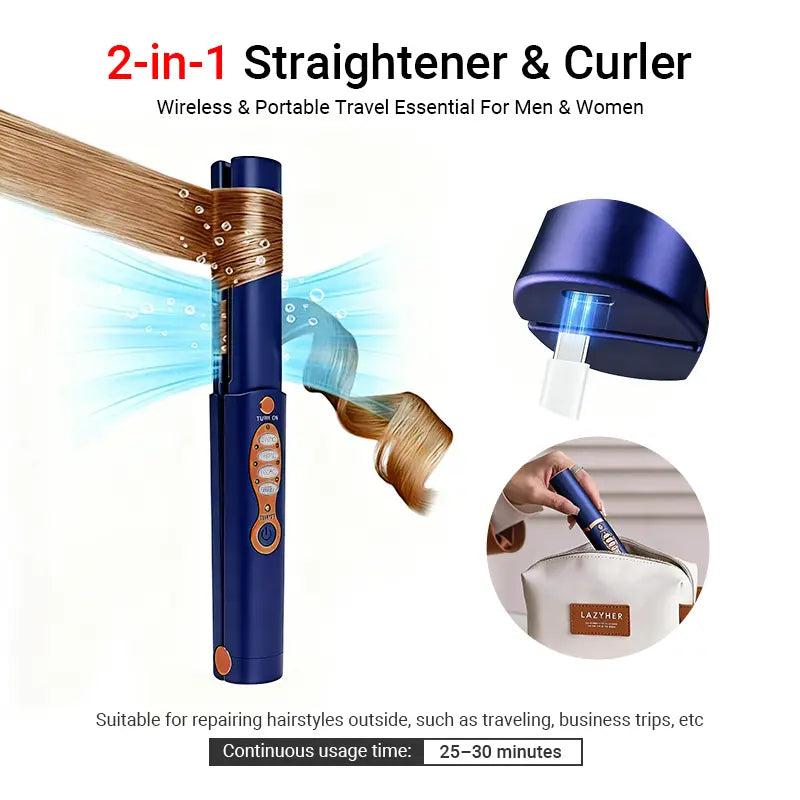 Premium 2-in-1 Cordless Flat Iron & Curler - Titanium Plates, 5000mAh, 210°C